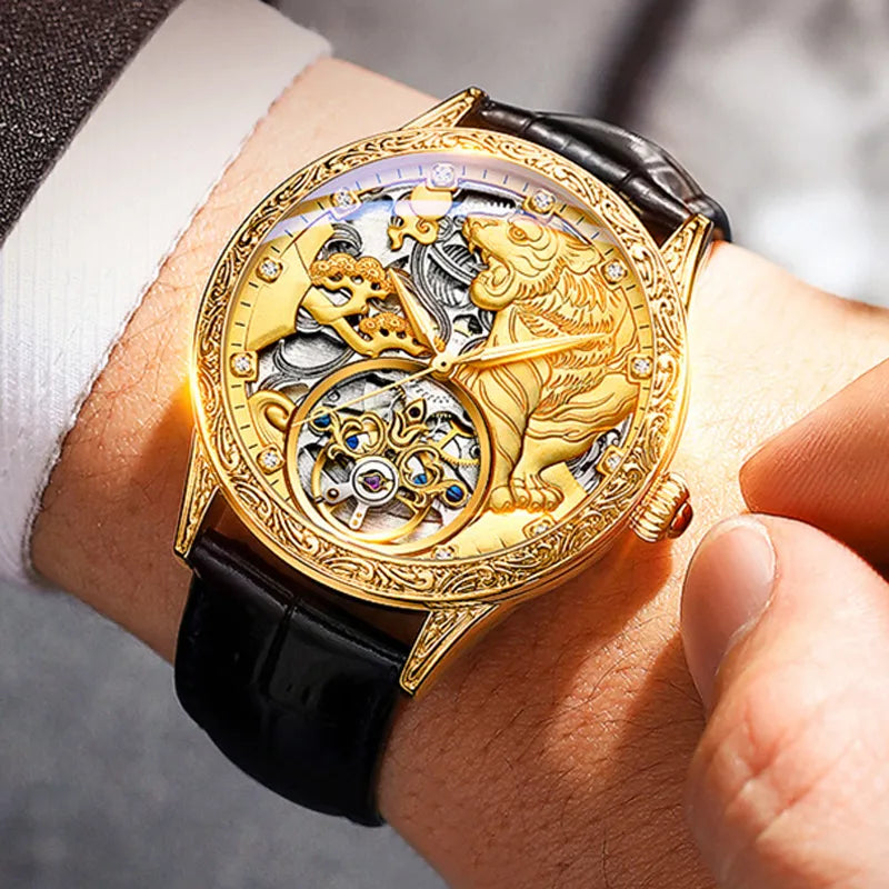 Relógio de Luxo Masculino Pulseira de Couro Tourbillon Gold Tiger