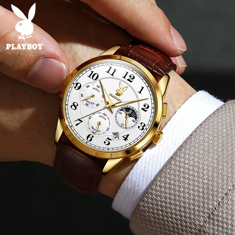 Relógio Clássico Masculino Pulseira de Couro Playboy Gold White Seductive