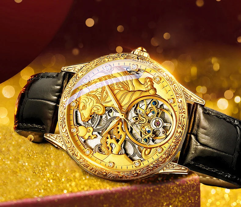 Relógio de Luxo Masculino Pulseira de Couro Tourbillon Gold Tiger