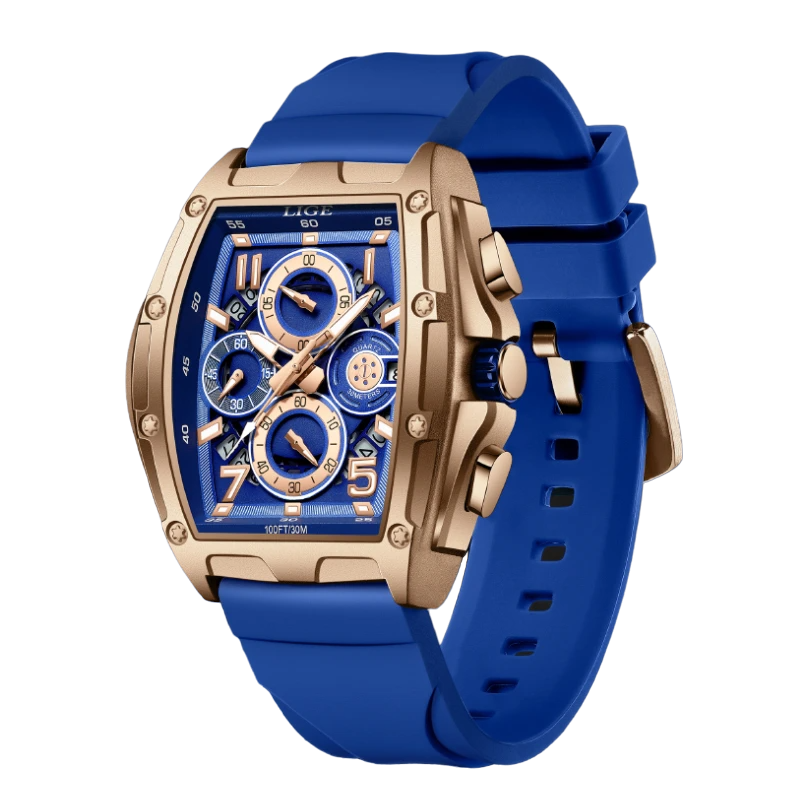 Relógio Masculino de Luxo Cronógrafo Lige Gold Blue Commander