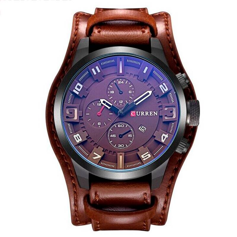 Relógio Casual Masculino Pulseira de Couro Curren Leather Coffe