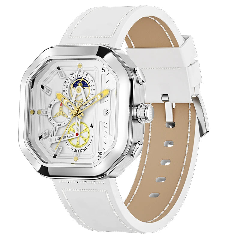 Relógio Masculino de Luxo Johnny Boss Pure White Pulseira de Couro