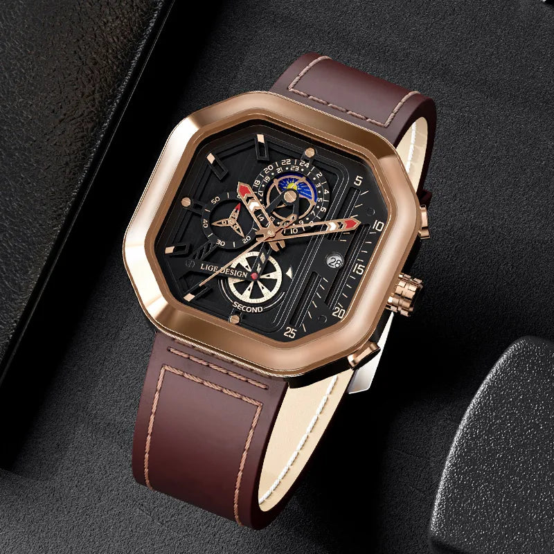 Relógio Masculino de Luxo Johnny Boss Gold Brown Pulseira de Couro