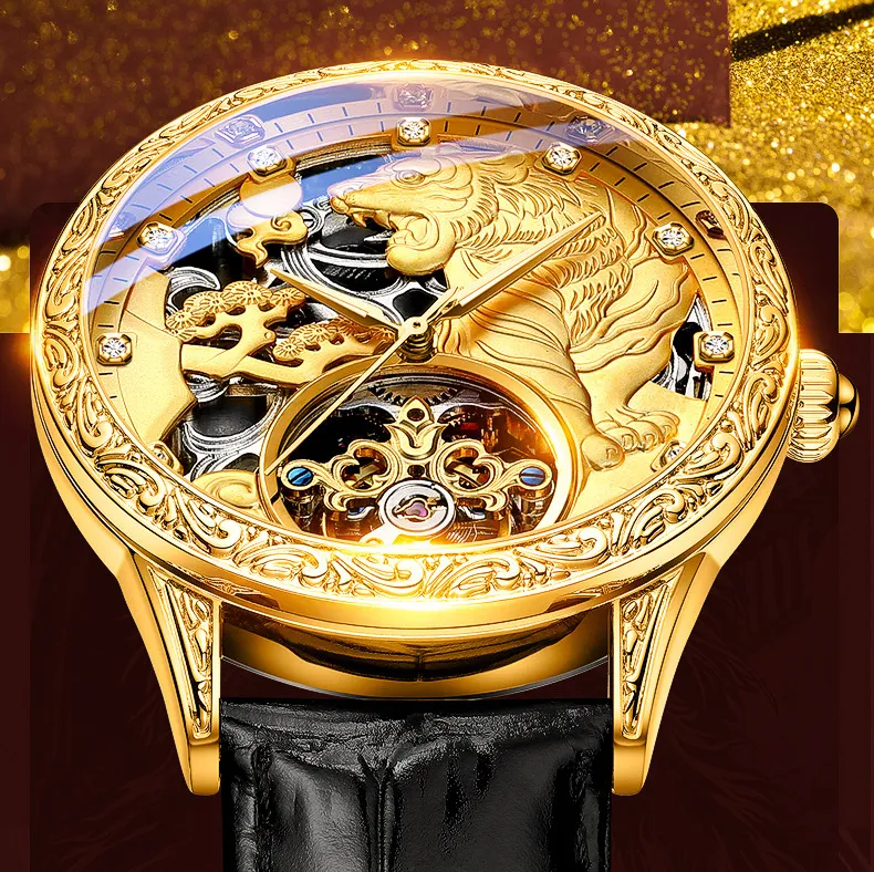 Relógio de Luxo Masculino Pulseira de Couro Tourbillon Gold Tiger