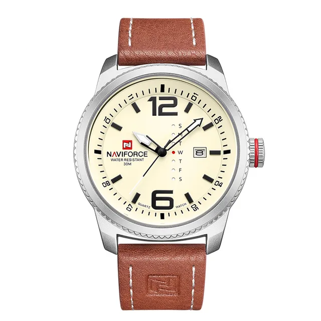 Relógio Casual Masculino Pulseira de Couro Naviforce Pioneer II Beige