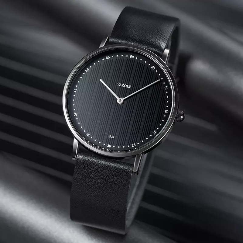 Relógio Minimalista Masculino Yazole All Black Pulseira de Couro 40 mm