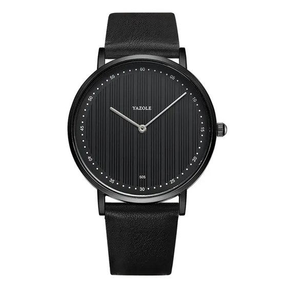 Relógio Minimalista Masculino Yazole All Black Pulseira de Couro 40 mm