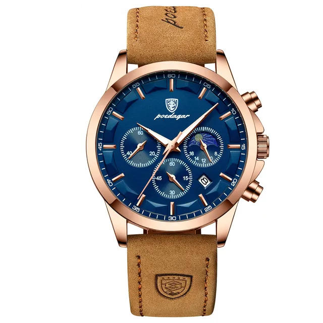 Relógio Clássico Masculino Pulseira de Couro Poedagar Shelby Gold Blue