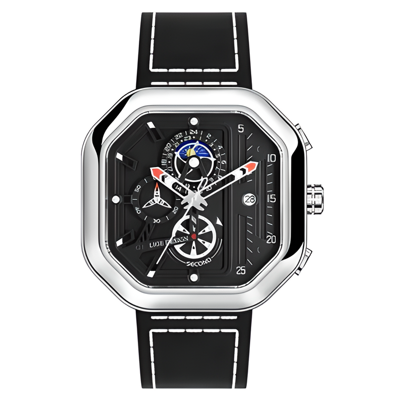 Relógio Masculino de Luxo Johnny Boss Silver Black Pulseira de Couro